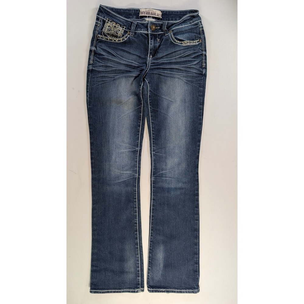 Hydraulic Jeans Womens Blue Embroidered Studded Bootcut Denim Whiskered Y2K 7/8